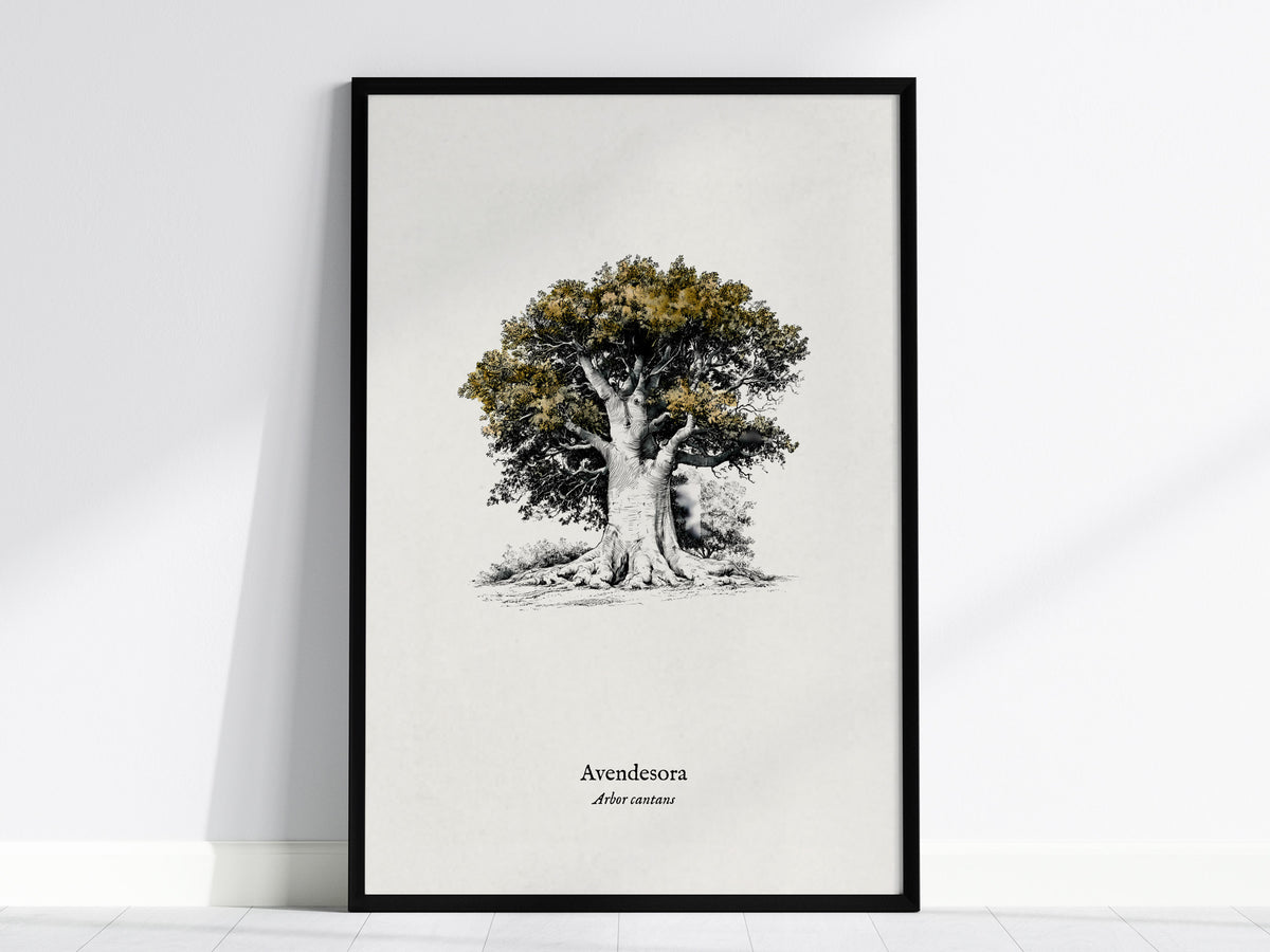 Avendesora Poster | Arbor Cantans Pen and Ink Print | Vintage Botanical Illustration Wall Art — framed wall art, 24x36 in