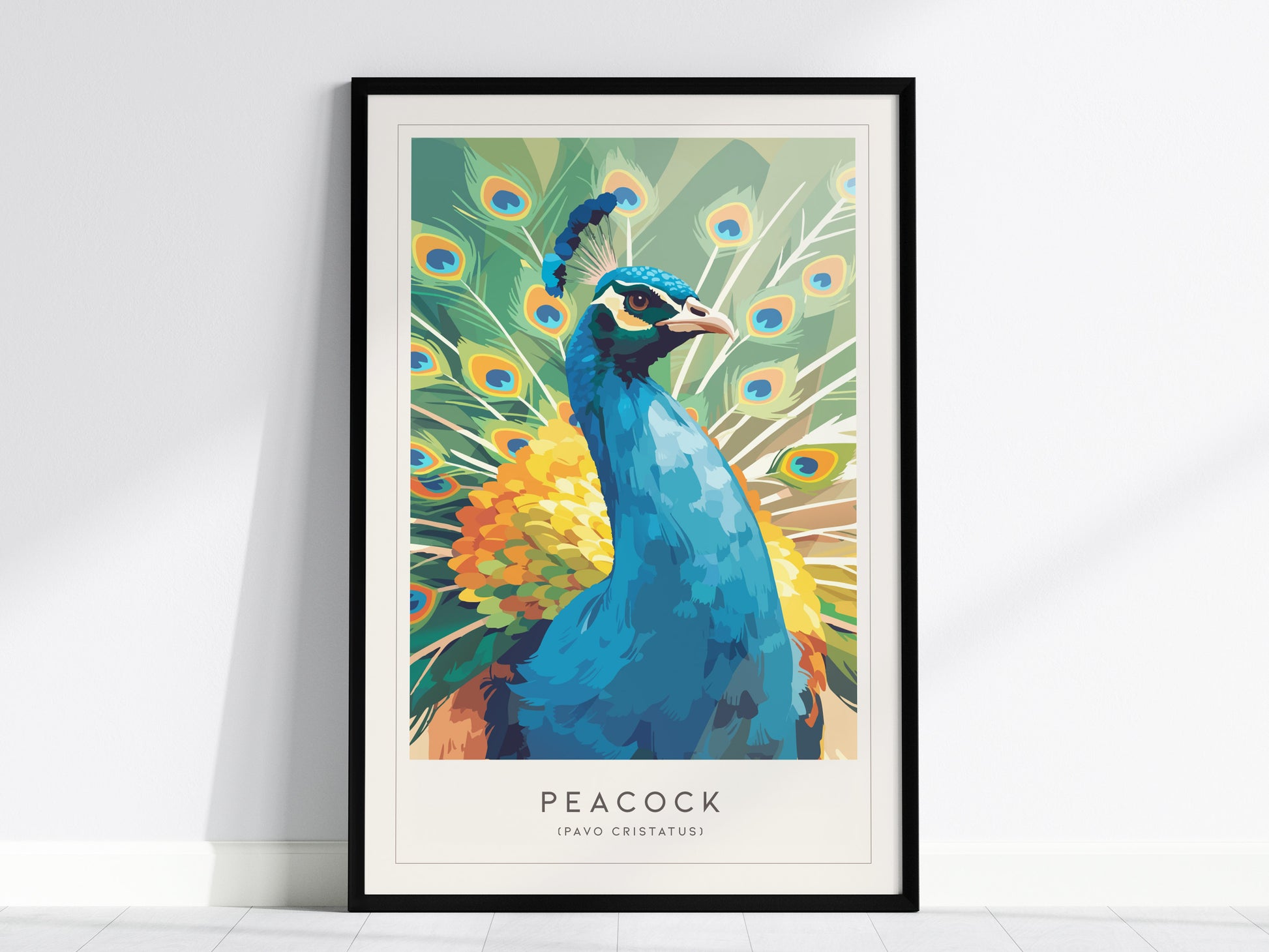 Vibrant peacock art print by Swell Scenes, showcasing colorful plumage in bold blues and greens, perfect for wildlife art lovers.