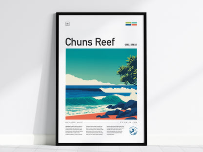 A framed poster featuring a vibrant illustration of Chuns Reef in Oahu, showcasing rolling waves and lush greenery against a bright blue sky.
