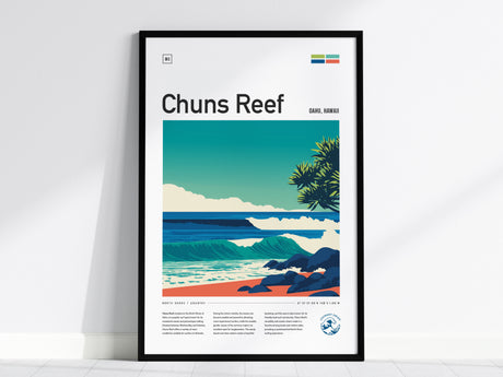 A framed poster featuring a vibrant illustration of Chuns Reef in Oahu, showcasing rolling waves and lush greenery against a bright blue sky.