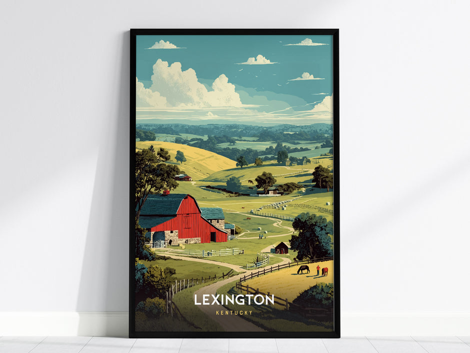 Vibrant red barn set against rolling green hills and grazing horses, capturing Lexington, Kentucky's scenic beauty in vintage travel art style.
