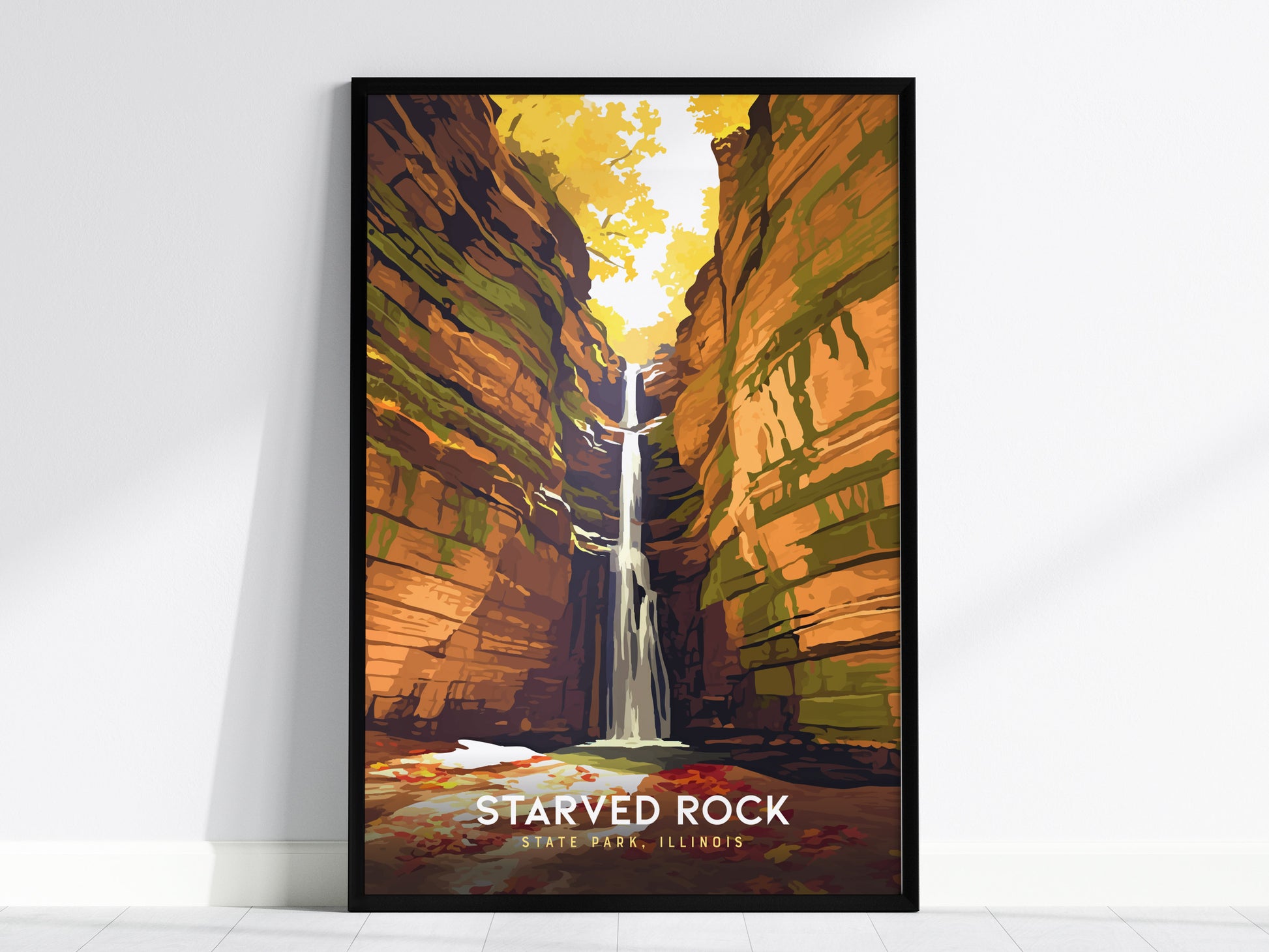 Starved Rock State Park, Illinois Poster | Canyon Waterfall Destination Print Wall Art — framed wall art, 24x36 in