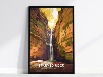 Starved Rock State Park, Illinois Poster | Canyon Waterfall Destination Print Wall Art — framed wall art, 24x36 in