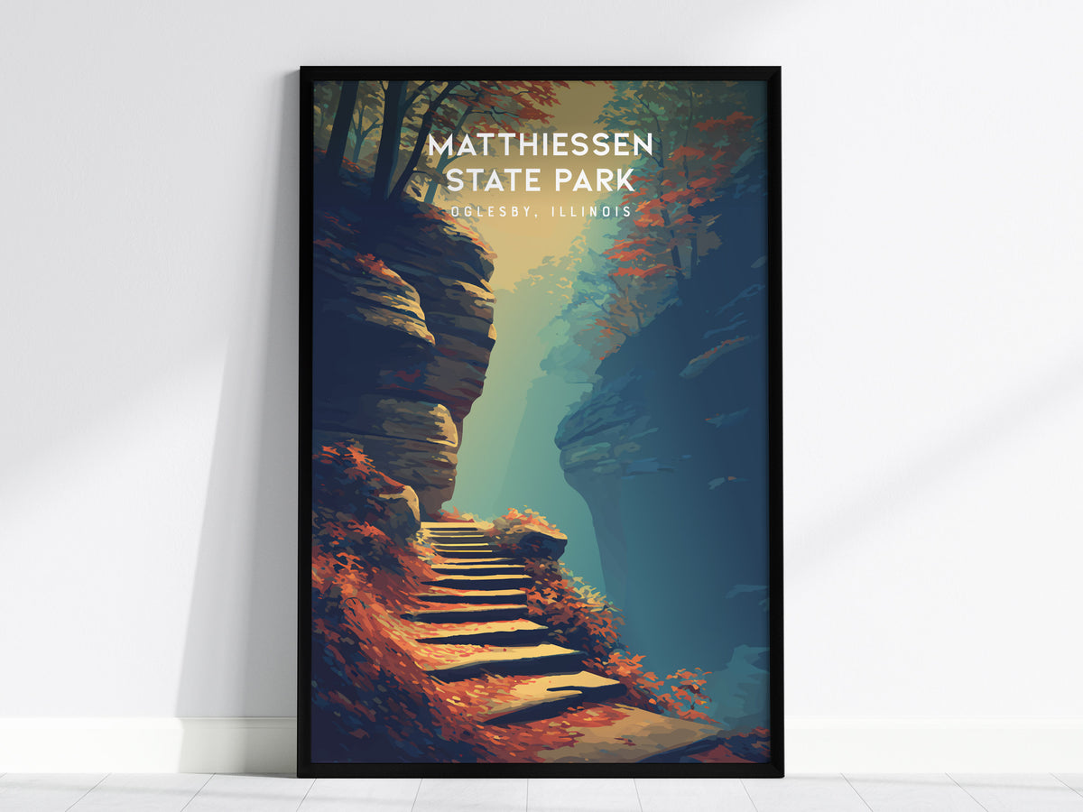 Matthiessen State Park, Oglesby, Illinois Poster | Canyon Waterfalls & Lush Gorge Wall Art — framed wall art, 24x36 in
