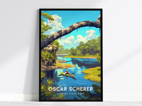 A vibrant poster depicts a kayaker on a serene river, surrounded by lush greenery and a large arching tree branch, with Oscar Scherer Florida State Park text at the bottom.