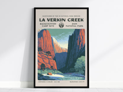 La Verkin Creek, Zion National Park Poster | Hiker Gift | Backcountry Trail Wall Art — framed wall art, 24x36 in