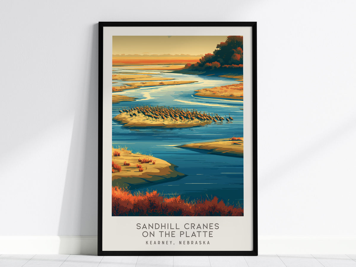 Sandhill Cranes on the Platte Matte Border Poster | Kearney, Nebraska Destination Print — framed wall art, 24x36 in