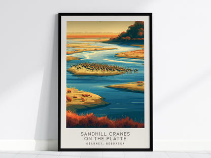 Sandhill Cranes on the Platte Matte Border Poster | Kearney, Nebraska Destination Print — framed wall art, 24x36 in