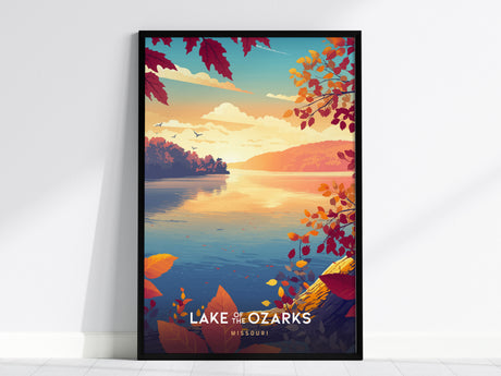 Framed autumn landscape art print of Lake of the Ozarks, featuring vibrant foliage, calm water, and serene hills. Ideal travel art.