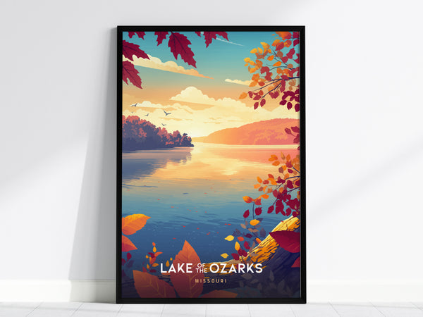 Framed autumn landscape art print of Lake of the Ozarks, featuring vibrant foliage, calm water, and serene hills. Ideal travel art.