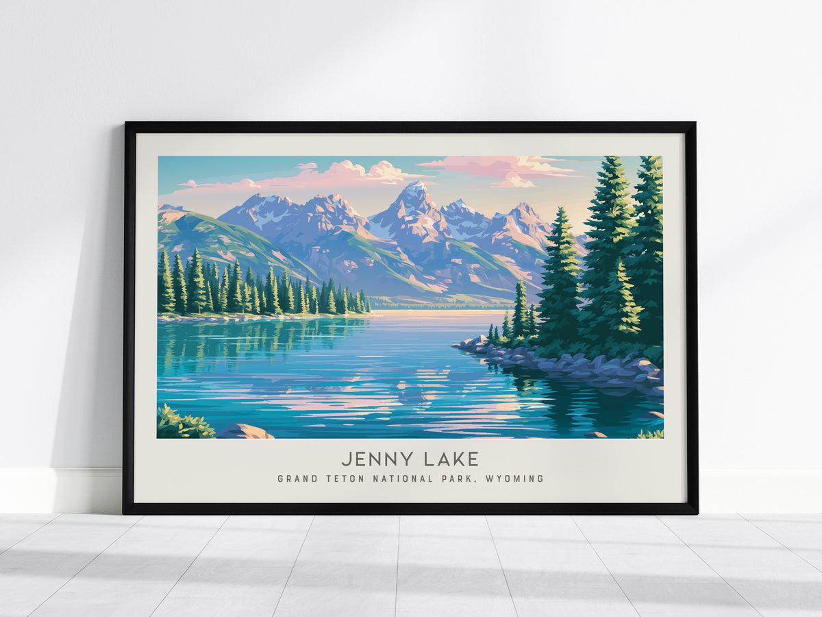 Jenny Lake Landscape Matte Border Poster | Grand Teton National Park, Wyoming Vacation Wall Art — framed wall art, 24x36 in