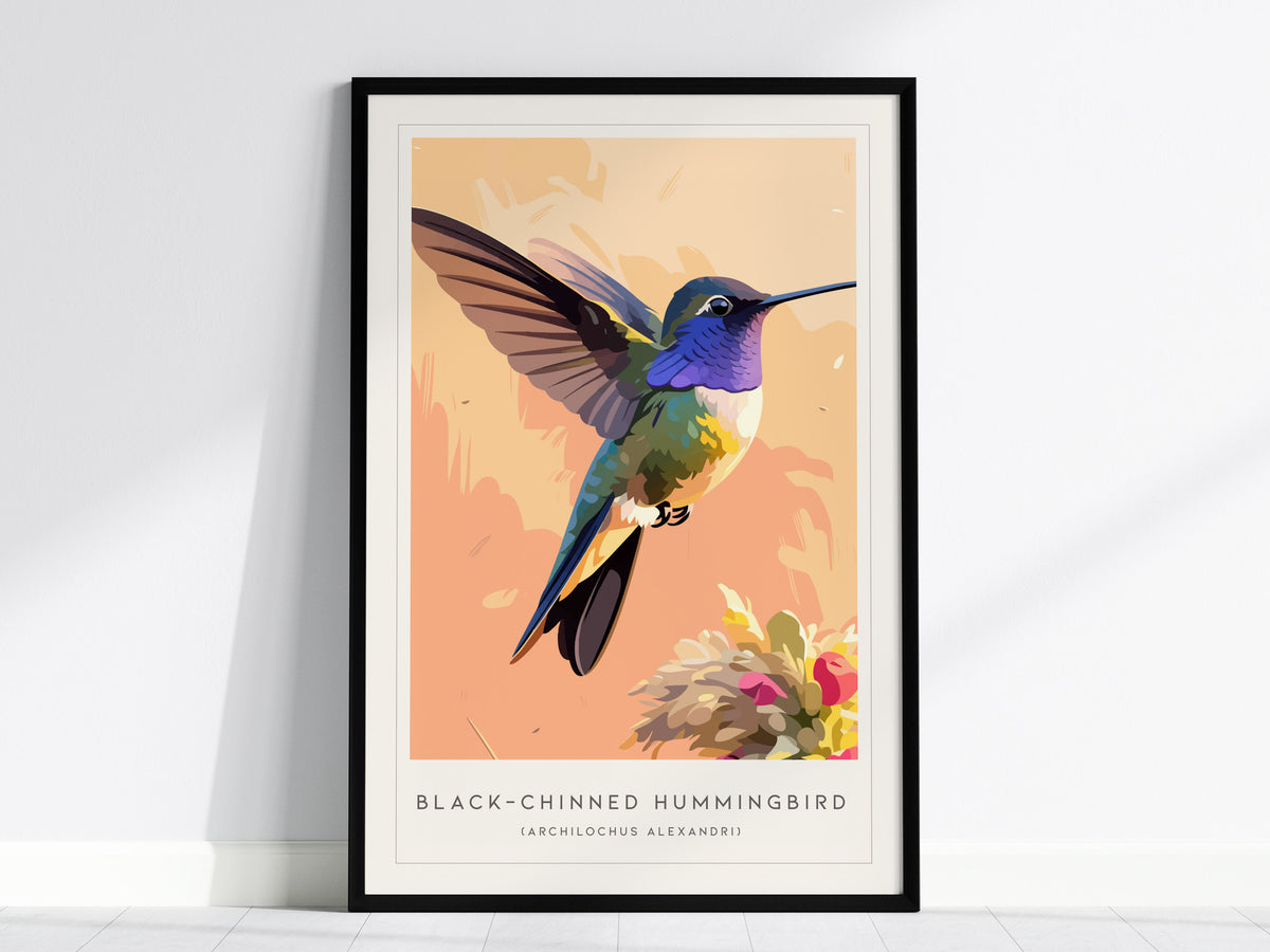 Black-chinned Hummingbird, Archilochus alexandri Poster | Jeweled Bird Wildlife Print Wall Art — framed wall art, 24x36 in