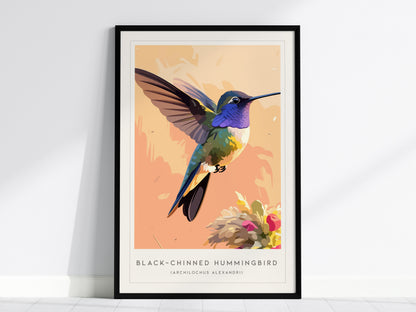 Black-chinned Hummingbird, Archilochus alexandri Poster | Jeweled Bird Wildlife Print Wall Art — framed wall art, 24x36 in