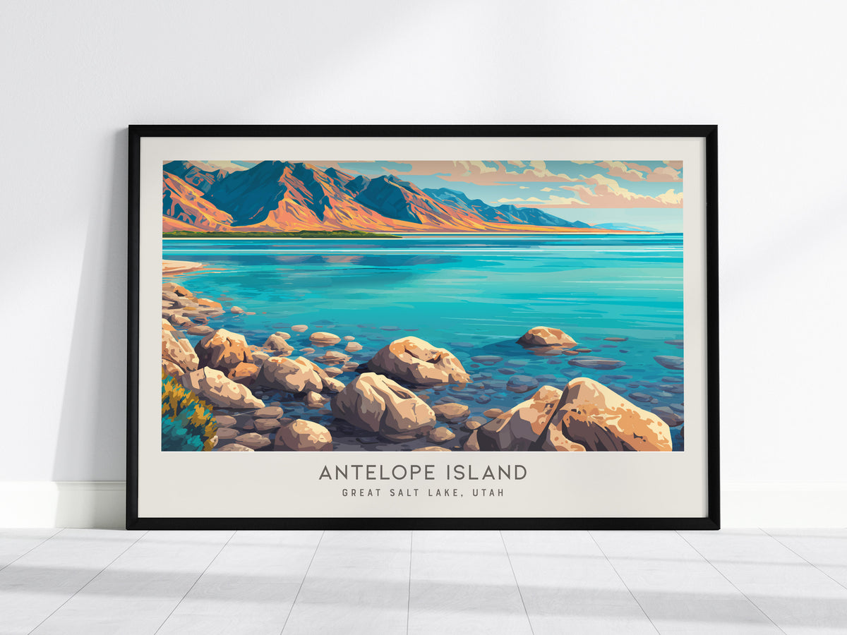 Antelope Island Landscape Matte Border Poster | Great Salt Lake, Utah Destination Print — framed wall art, 24x36 in