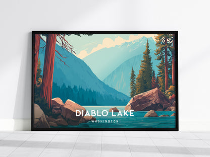 Diablo Lake Landscape, Washington Poster | Mountain Lake Vacation Wall Art — framed wall art, 24x36 in