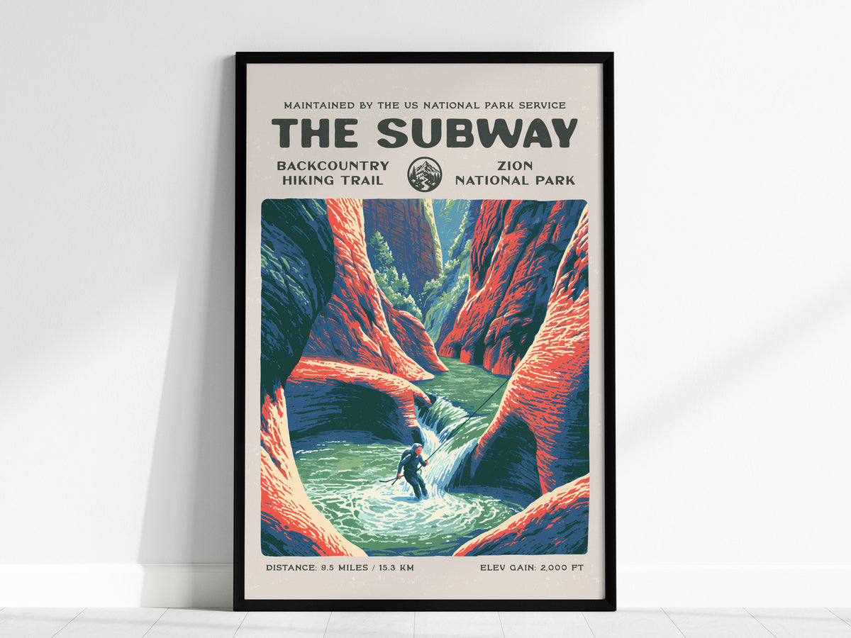 The Subway, Zion National Park Poster | Hiker Gift | Backcountry Canyon Trail Wall Art — framed wall art, 24x36 in