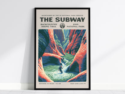 The Subway, Zion National Park Poster | Hiker Gift | Backcountry Canyon Trail Wall Art — framed wall art, 24x36 in