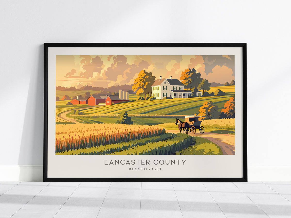 Lancaster County Landscape Matte Border Poster | Pennsylvania Travel Gift Vacation Wall Art — framed wall art, 24x36 in