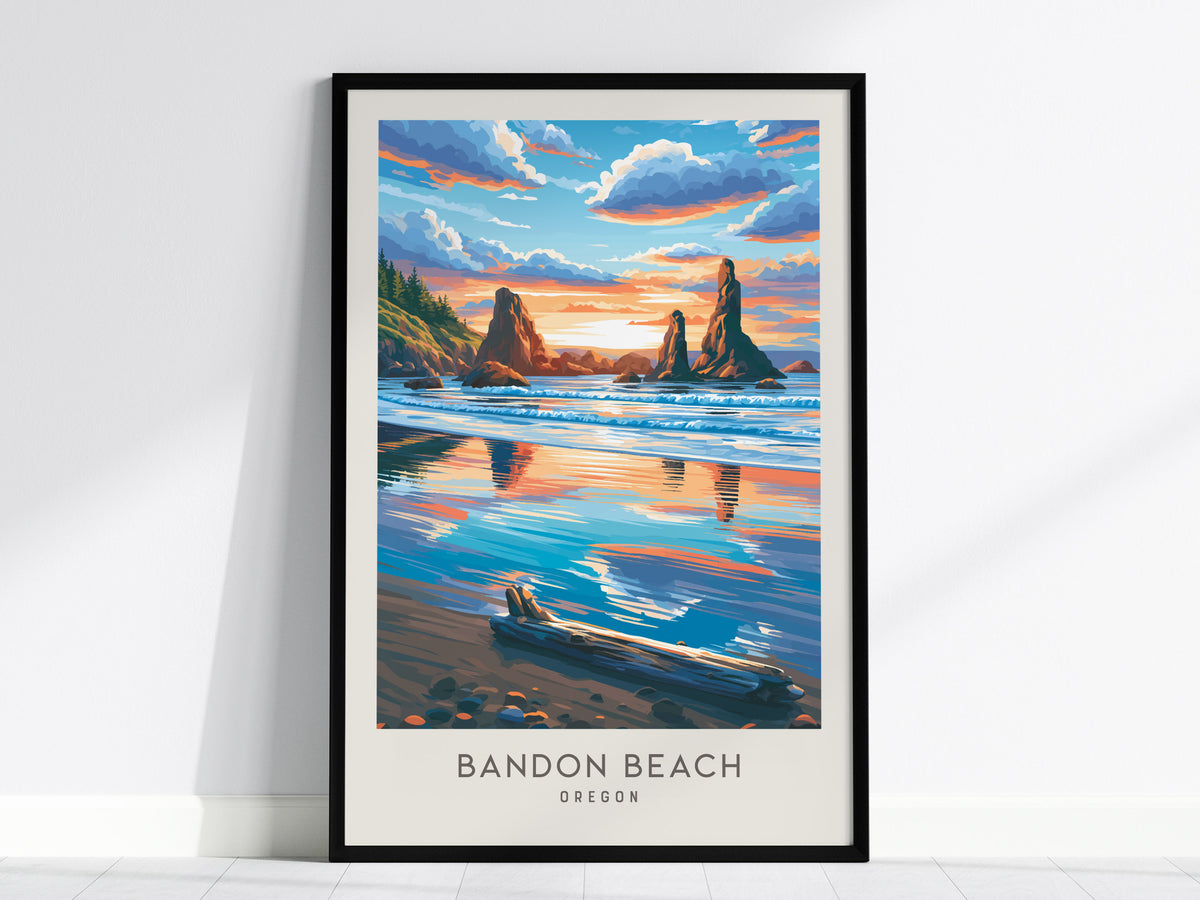 Bandon Beach Matte Border Poster | Oregon Coastal Beach Decor — framed wall art, 24x36 in
