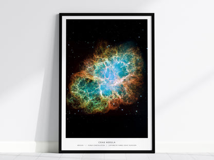 Framed Crab Nebula poster leaning against a white wall, showing vibrant blue and orange supernova remnant on a black star field.