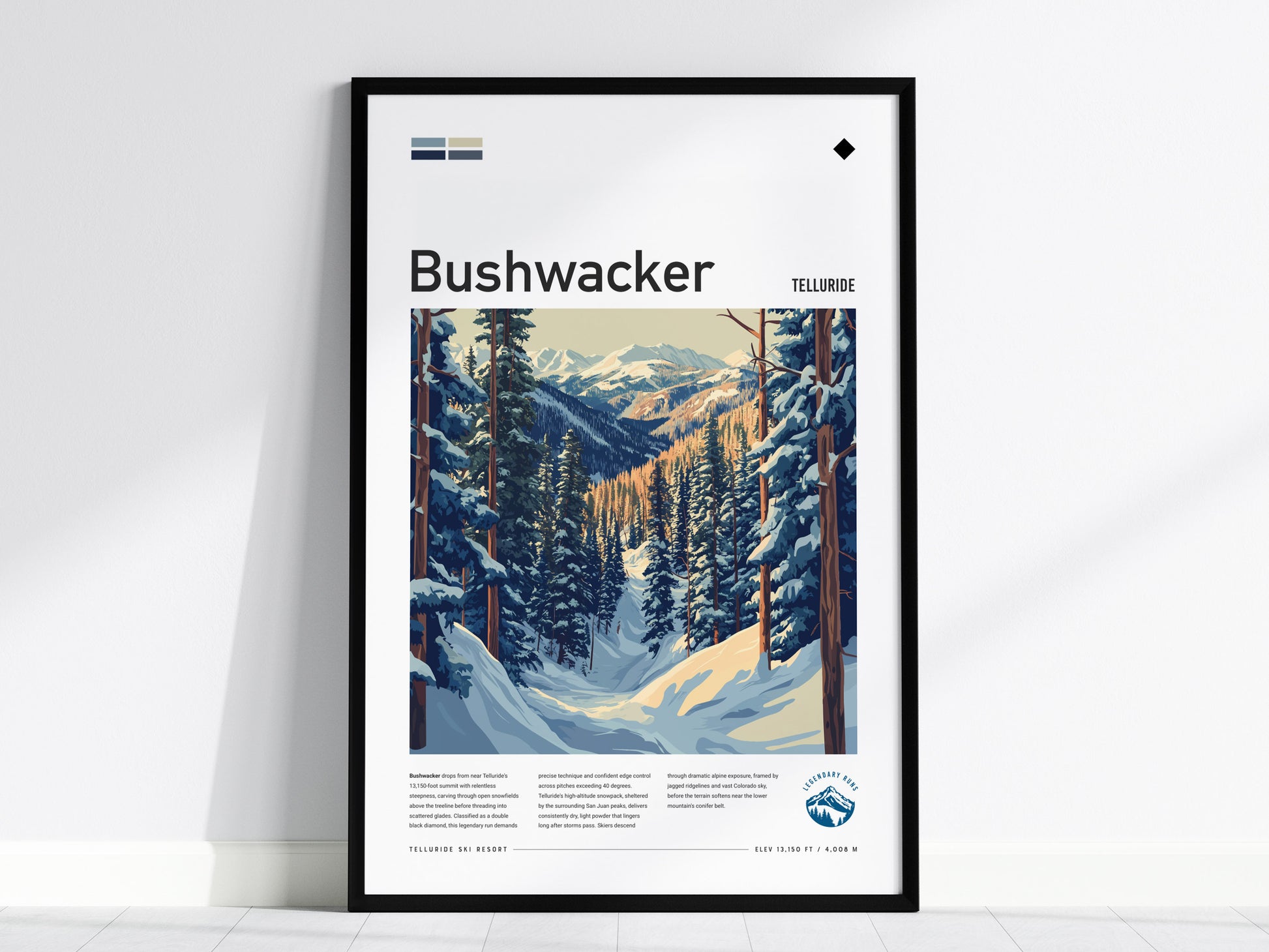 Bushwacker, Telluride Poster | Bold Ski Run Mountain Wall Art — framed wall art, 24x36 in