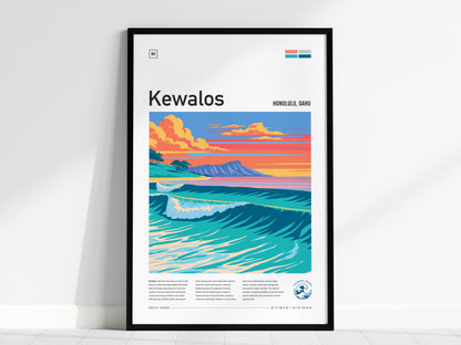 Kewalos, Hawaii Poster | Golden Surf & Diamond Head Wall Art — framed wall art, 24x36 in