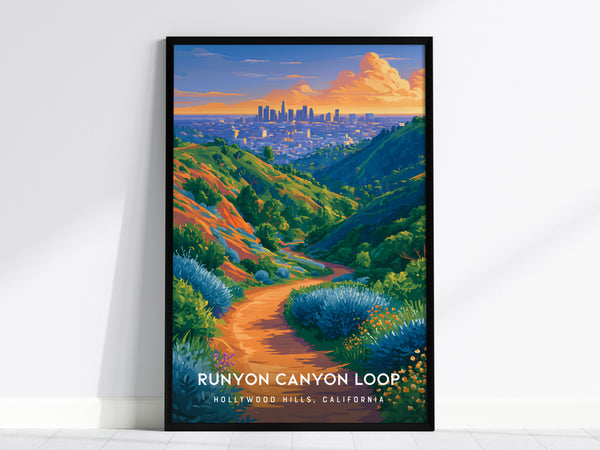 Runyon Canyon Loop, Hollywood Hills, California Poster | Hiking Trail & City Skyline Wall Art — framed wall art, 24x36 in