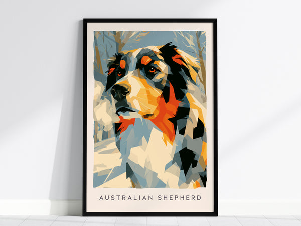 Australian Shepherd Poster | Loyal Companion Bold Portrait Wall Art — framed wall art, 24x36 in