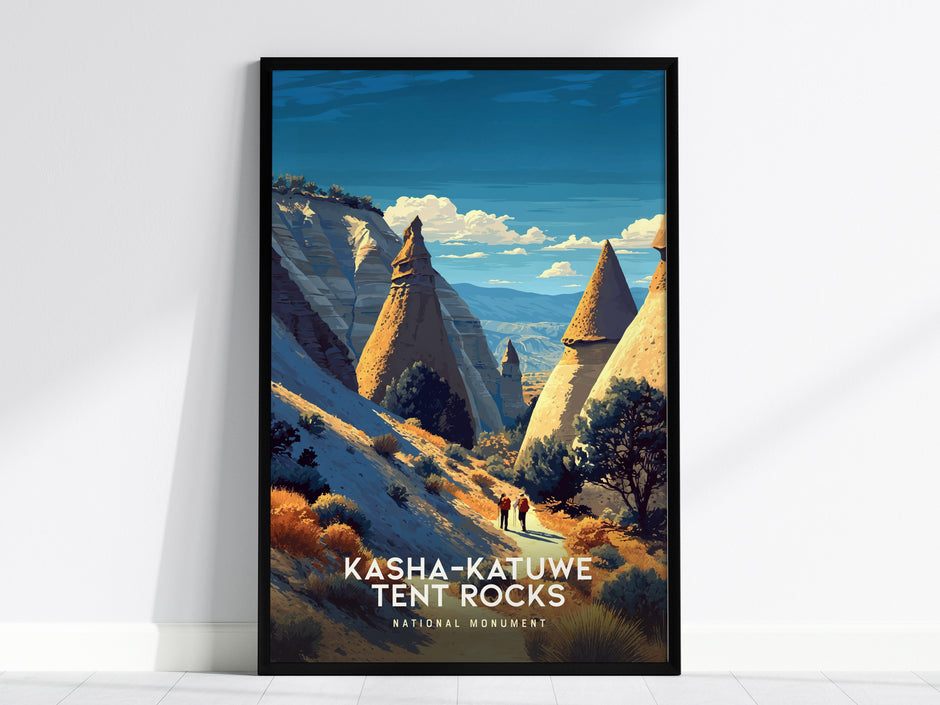 Vintage Kasha-Katuwe Tent Rocks poster showcasing cone formations in warm tones, with figures for scale; perfect travel art.