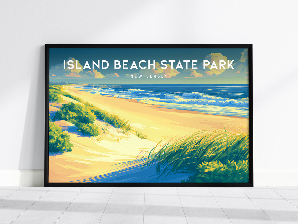Island Beach State Park, New Jersey Landscape Poster | Coastal Beach Decor Wall Art — framed wall art, 24x36 in