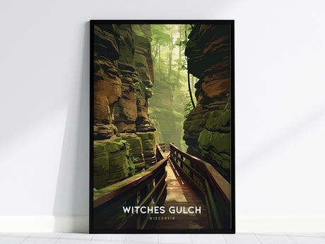 A framed poster of Witches Gulch in Wisconsin features a stylized illustration of a narrow sandstone canyon with a wooden boardwalk. The design showcases deep green foliage and warm rock tones under soft.