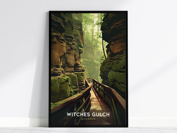 A framed poster of Witches Gulch in Wisconsin features a stylized illustration of a narrow sandstone canyon with a wooden boardwalk. The design showcases deep green foliage and warm rock tones under soft.