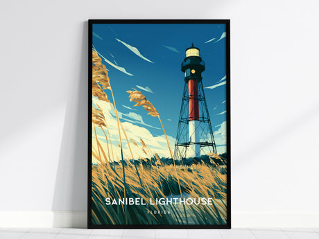 Sanibel Lighthouse, Florida Poster | Gulf Coast Beacon Coastal Decor Wall Art — framed wall art, 24x36 in