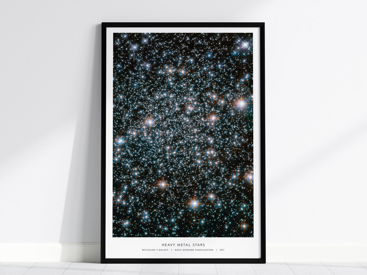 Framed poster of a star cluster labeled 'Heavy Metal Stars' on a white wall.