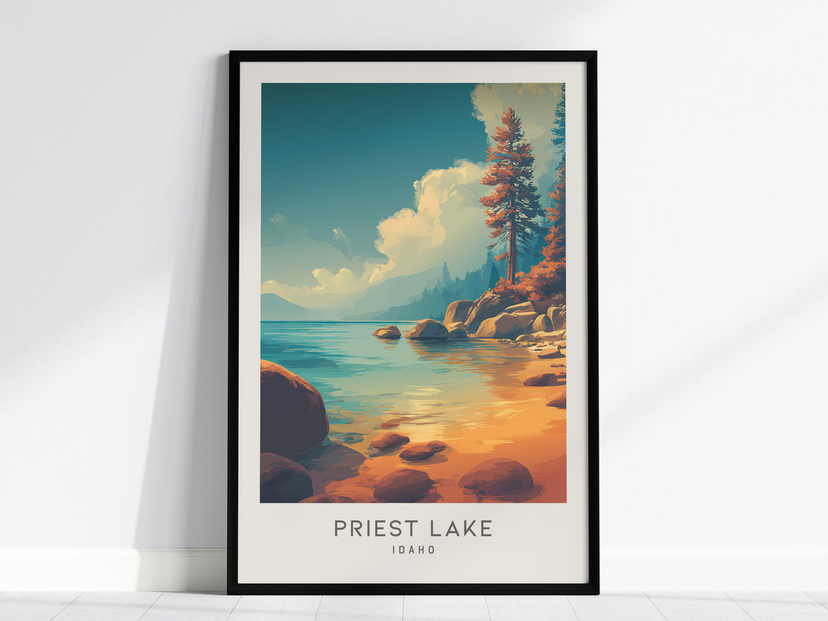 Priest Lake Matte Border Poster | Idaho Destination Print Travel Wall Art — framed wall art, 24x36 in