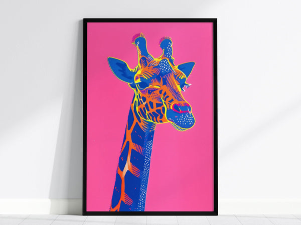 A vibrant pop art poster of a giraffe with neon colors on a pink background, featuring bold blue and orange graphic lines.