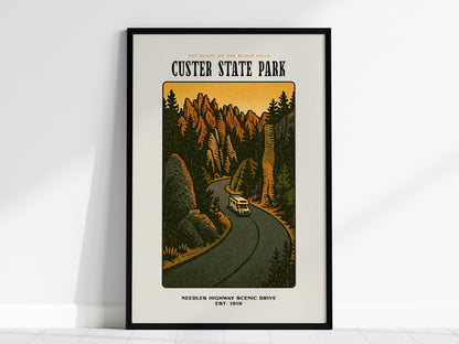 Custer State Park Vintage Poster – Needles Highway, South Dakota Print, Scenic Drive Art, Framed or Unframed, Great Gift for Travelers - Swell Scenes