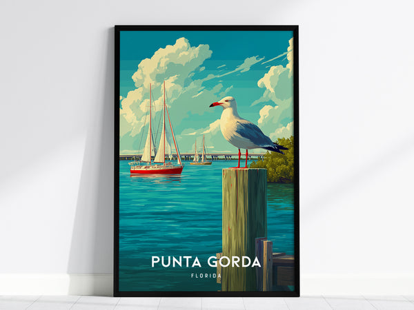Framed Punta Gorda Coastal Poster featuring a seagull on a post, sailboats on blue water, and a sunny sky, perfect travel art.