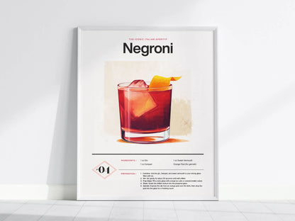 Negroni Cocktail Framed Poster | Classic Gin & Campari Minimalist Design | Negroni Lover Gift | Kitchen Bar Home Decor