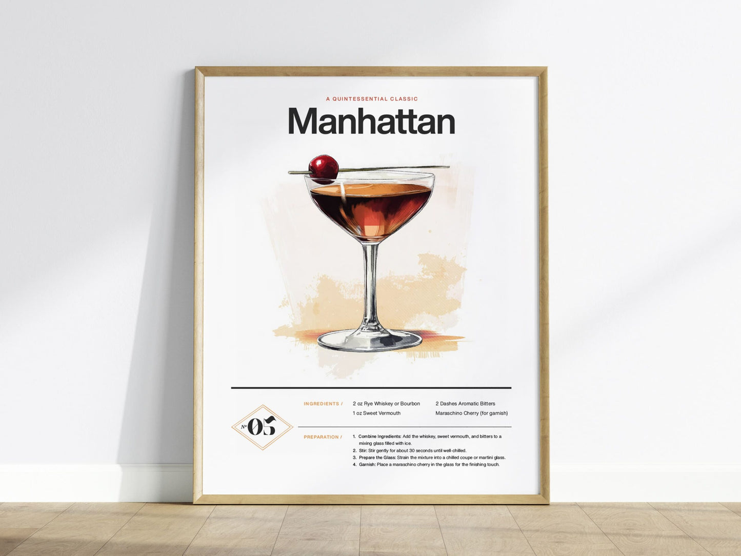 Manhattan Cocktail Framed Poster | Classic Whiskey and Vermouth Recipe Art | Minimalist Bar Decor | Manhattan Lover Gift | Home Bar Design