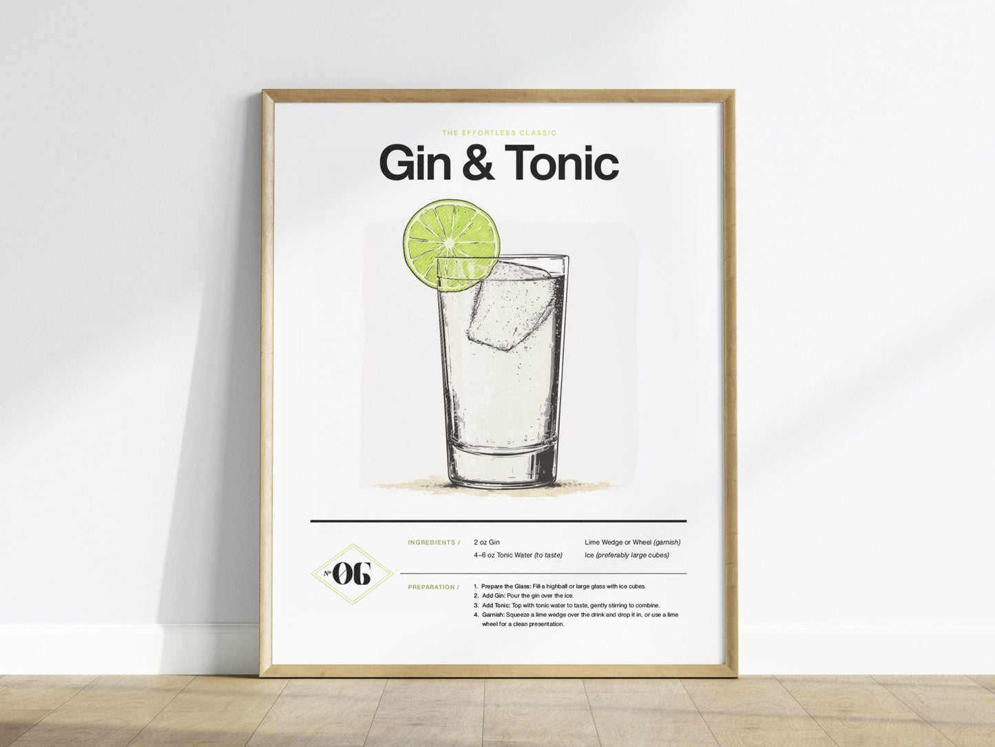 Gin and Tonic Cocktail Poster | Effortless Classic Minimalist Bar Art | Gin Lover Gift | Kitchen Wall Decor | Cocktail Recipe Print