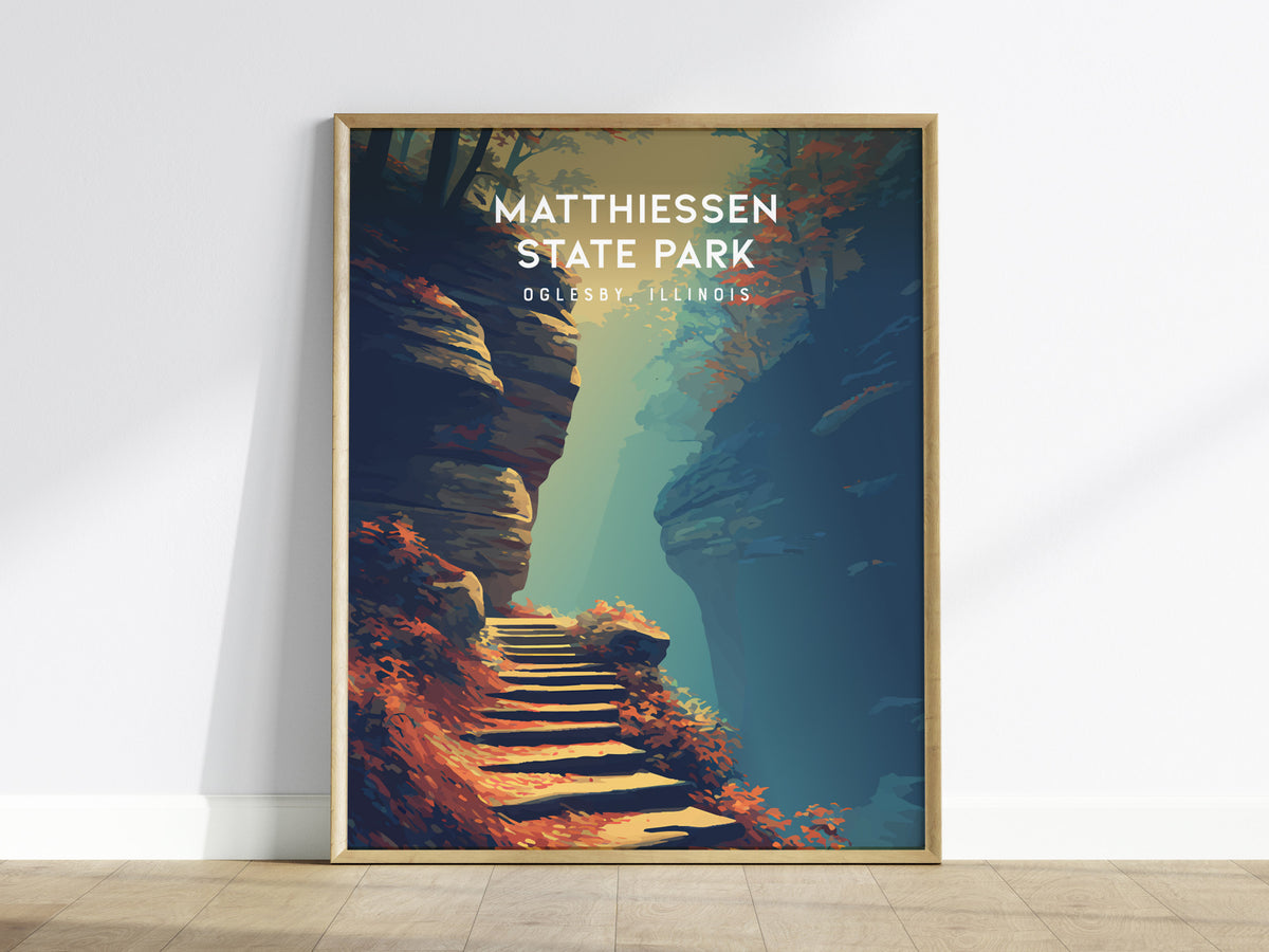 Matthiessen State Park, Oglesby, Illinois Poster | Canyon Waterfalls & Lush Gorge Wall Art — framed wall art