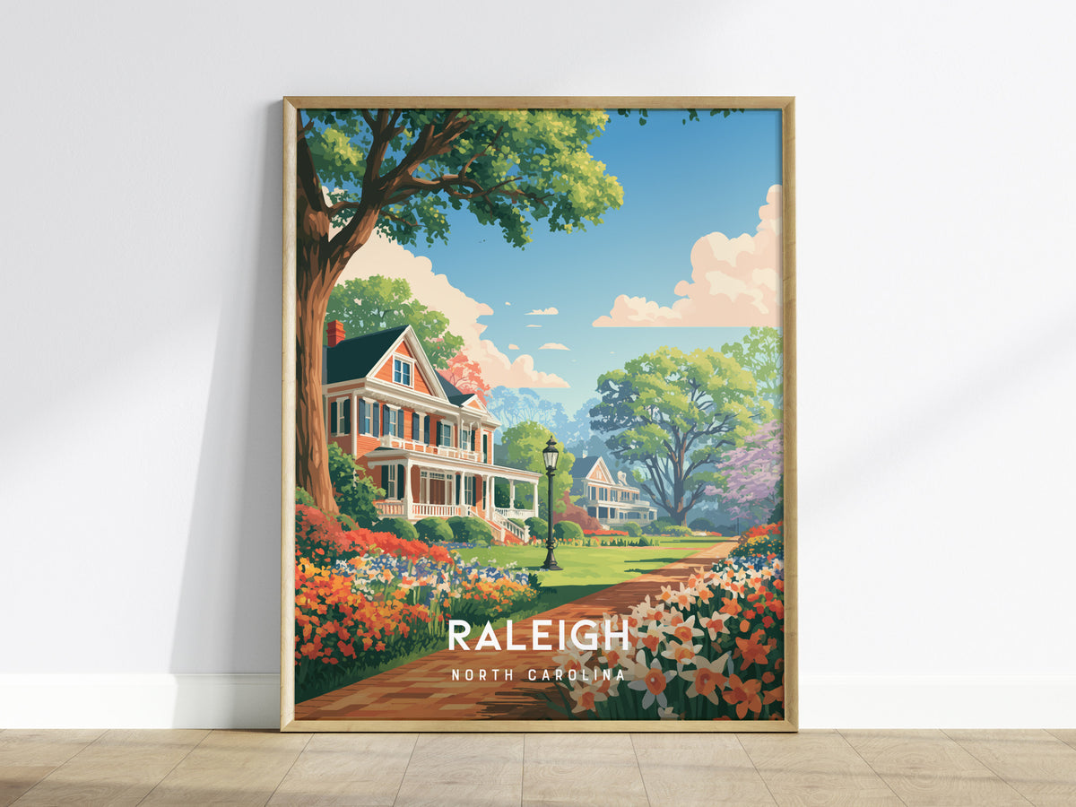 Raleigh, North Carolina Poster | Oak City Skyline Destination Print Wall Art — framed wall art