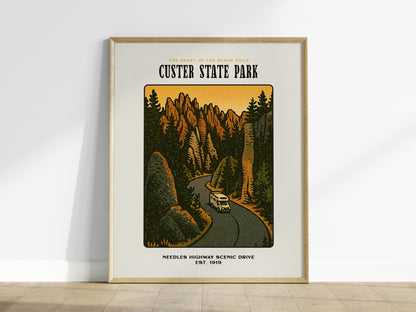 Custer State Park Vintage Poster – Needles Highway, South Dakota Print, Scenic Drive Art, Framed or Unframed, Great Gift for Travelers - Swell Scenes