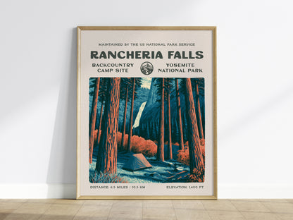 Rancheria Falls, Yosemite National Park Poster | Hiker Gift | Backcountry Trail Wall Art — framed wall art
