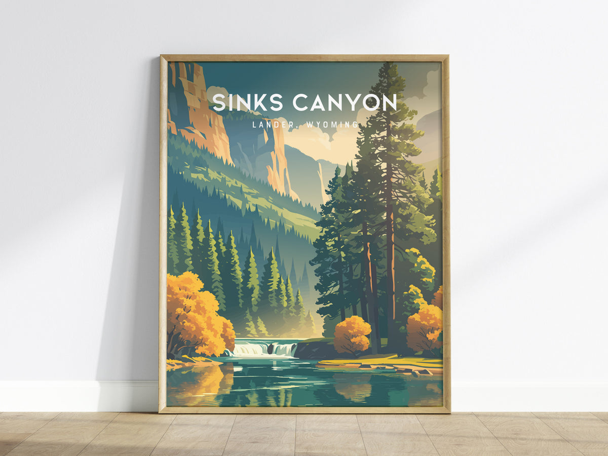 Sinks Canyon, Lander, Wyoming Poster | Wild River & Canyon Cliffs Destination Print — framed wall art