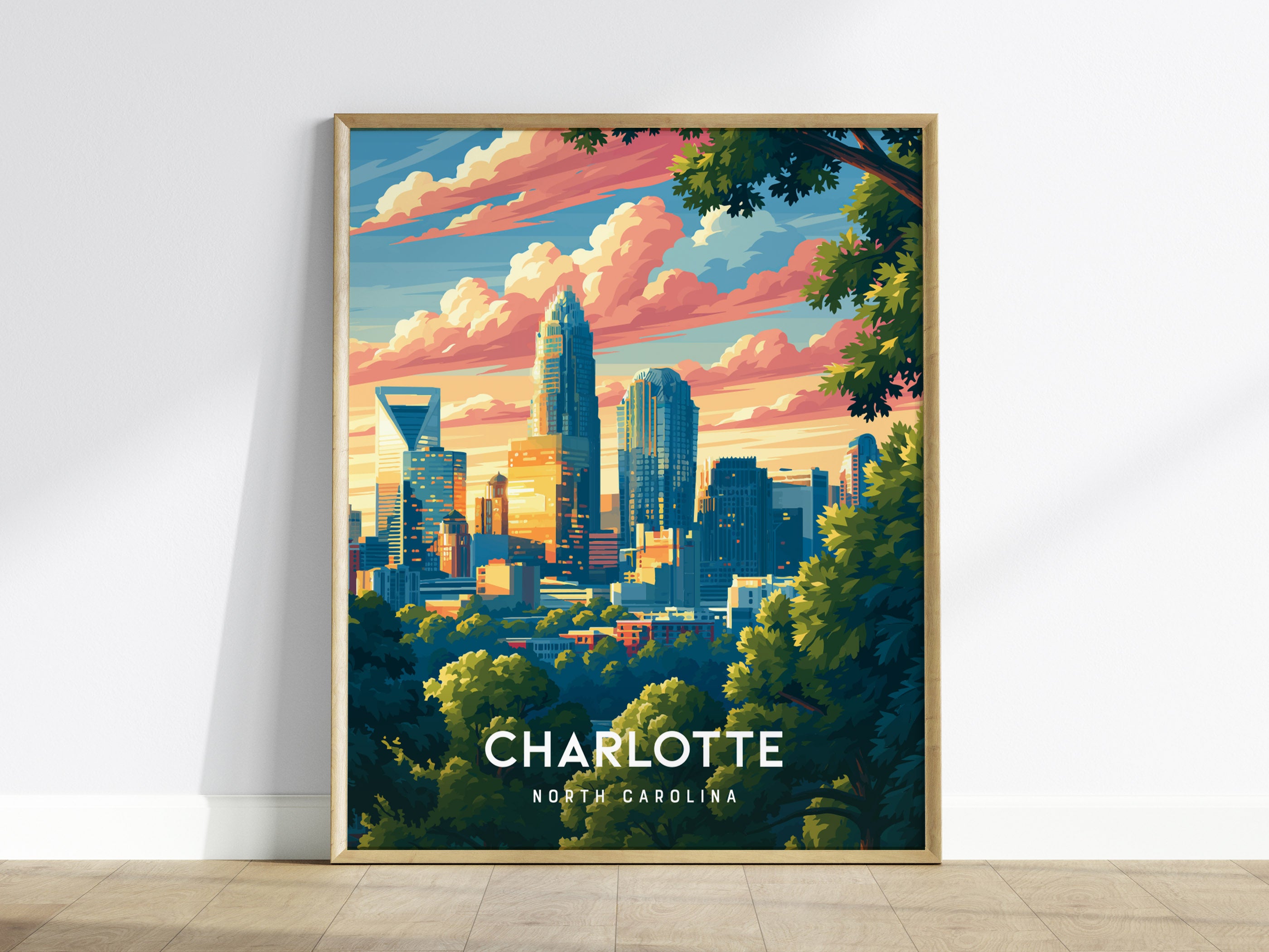 Charlotte, North Carolina Poster | Queen City Skyline Sunset Wall