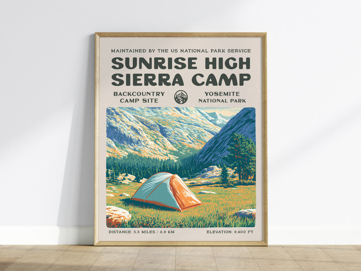 Sunrise High Sierra Camp, Yosemite National Park Poster | Backpacker Gift | Backcountry Trail Wall Art — framed wall art