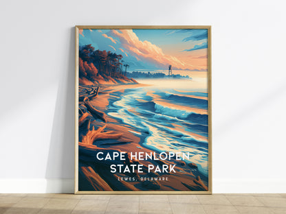 Cape Henlopen State Park, Lewes, Delaware Poster | Dunes & Lighthouse Coastal Beach Decor — framed wall art