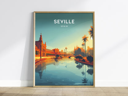 A vibrant poster featuring a serene view of Seville, Spain, showcasing a picturesque canal reflecting the warm hues of a sunset. Elegant palm trees and historic architecture frame the scene, creating a charming atmosphere.